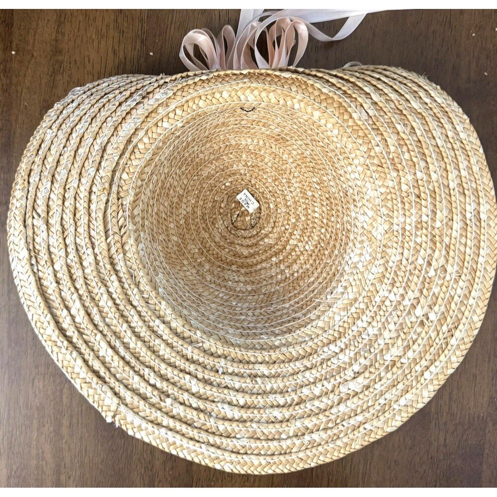 Straw Hat with Peach Flowers, Ribbons Grannycore Cottagecore Wall Decor - Picture 10 of 10